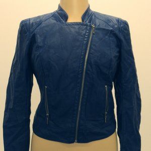 Guess Vintage Blue Diagonal Zipper Leather Jacket